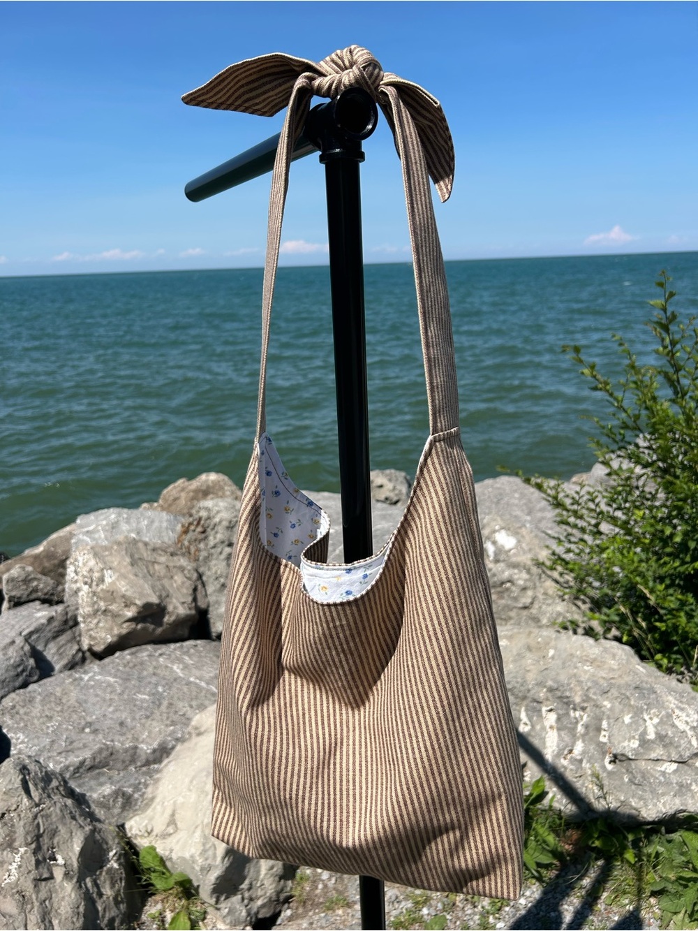 Striped Tan & Brown Cotton Shoulder Bag With Bow Strap